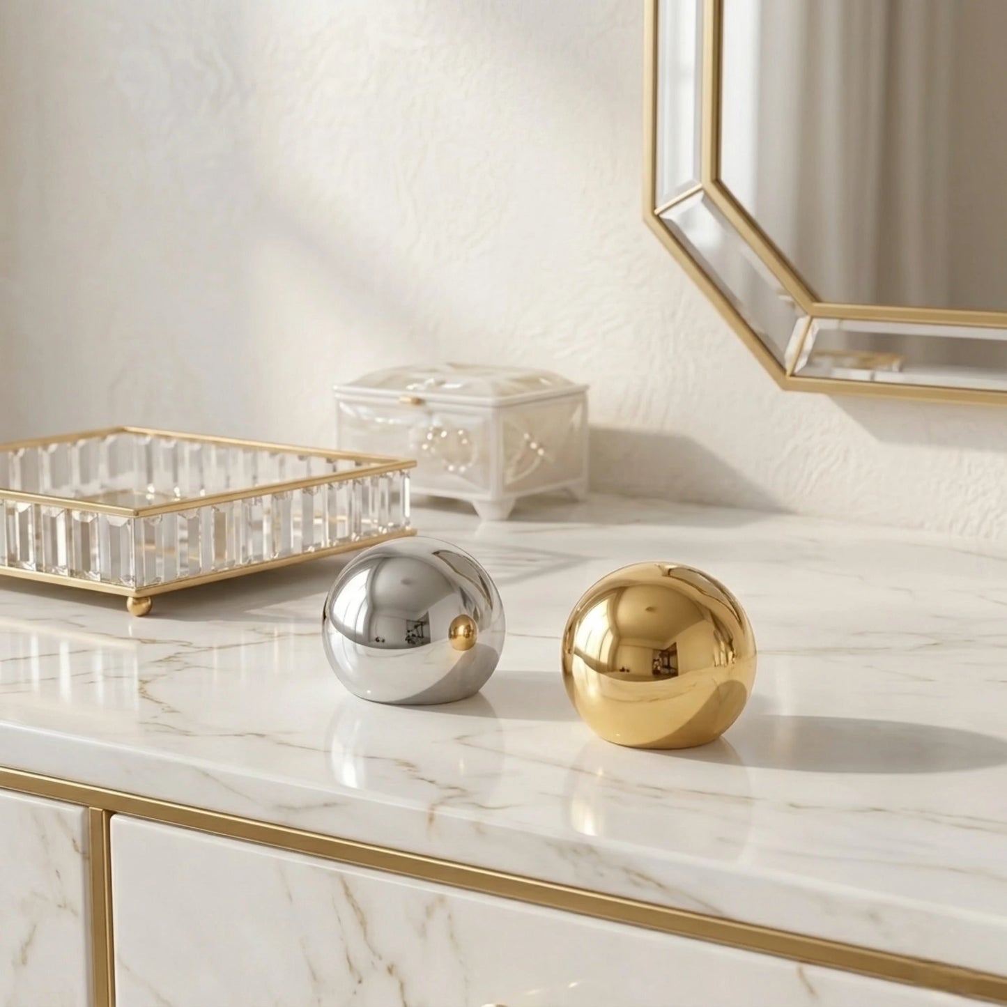 BEHI MILANO Erikan Ring — gold and silver chunky dome statement rings displayed on marble vanity