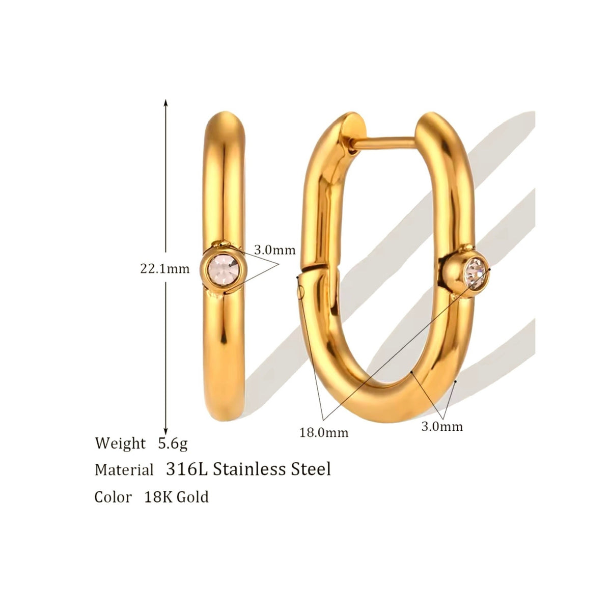 BEHI MILANO Eva Earrings technical diagram showing 22.1mm height, 18.0mm inner width, 3.0mm thickness, and 5.6g weight