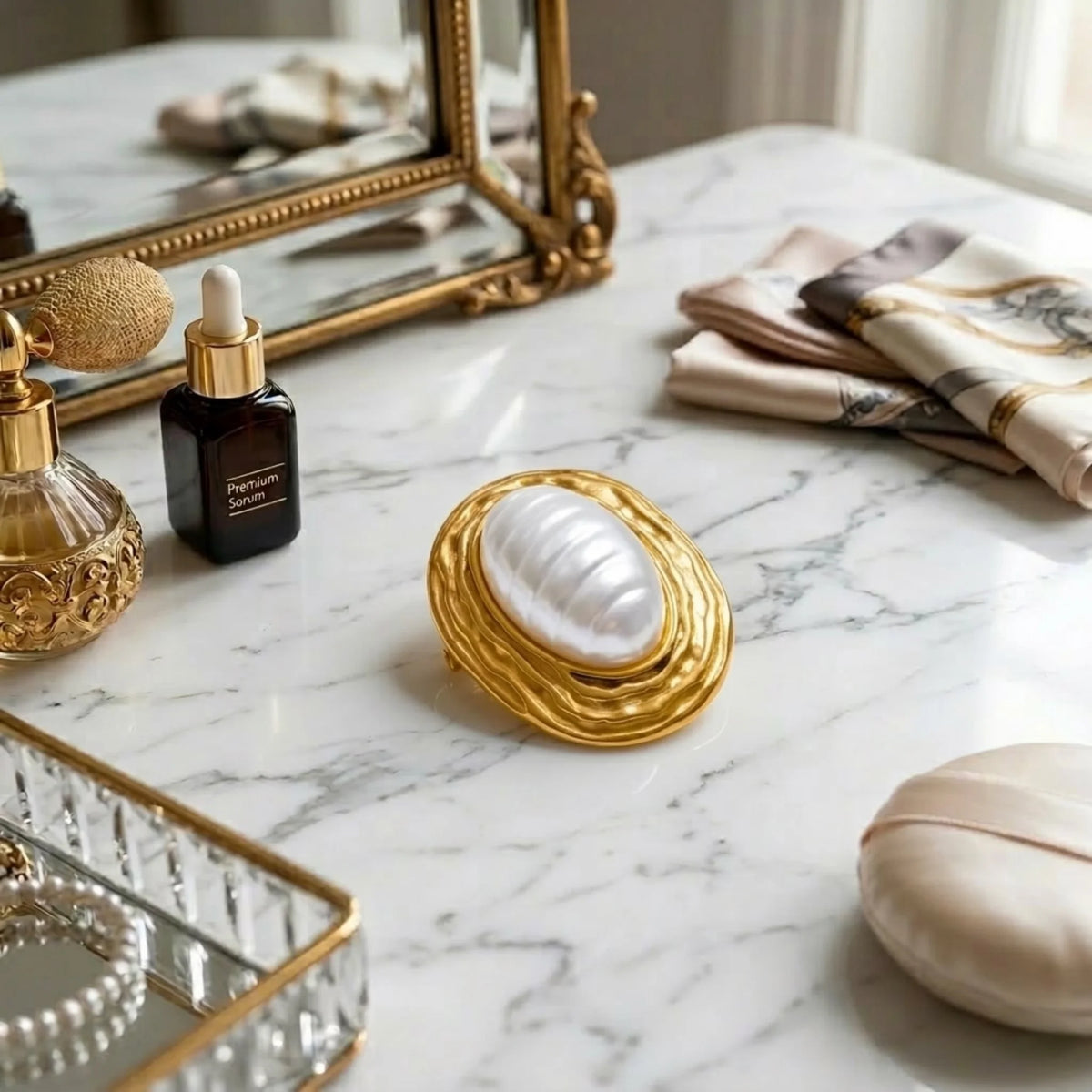 BEHI MILANO Everly Brooch — gold pearl statement brooch on marble vanity display