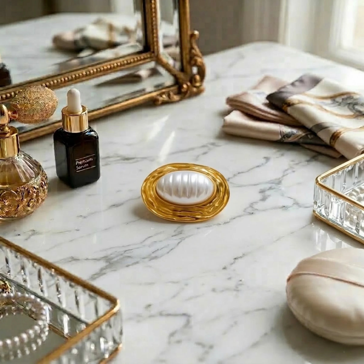 BEHI MILANO Everly Brooch — gold and pearl brooch displayed on white marble vanity