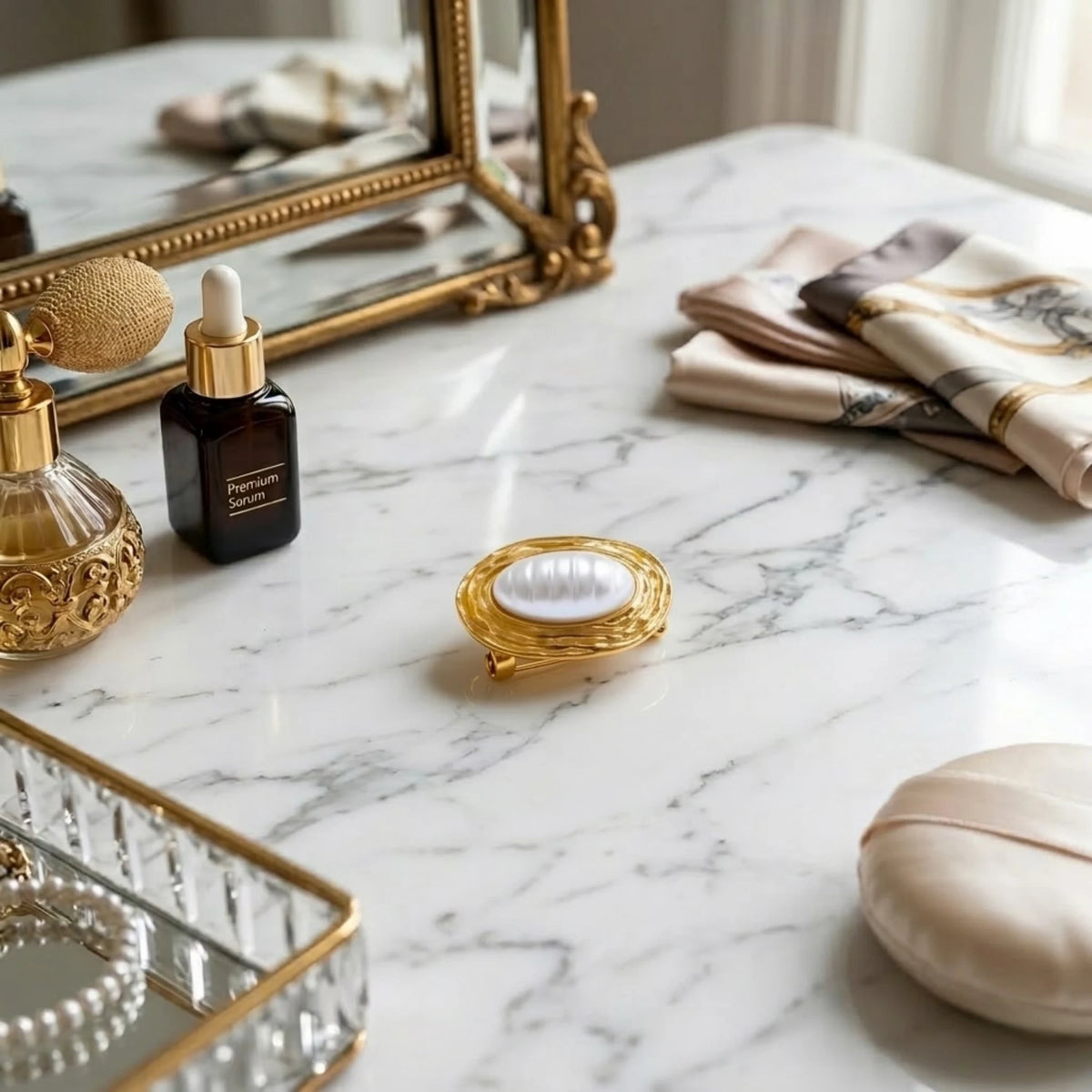 BEHI MILANO Everly Brooch — luxury pearl brooch on marble surface with perfume bottles
