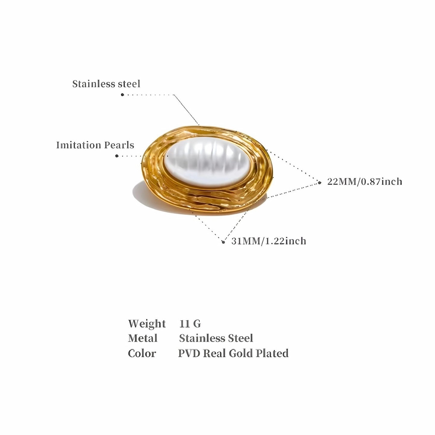 BEHI MILANO Everly Brooch technical diagram showing 22mm x 31mm dimensions and 11g weight