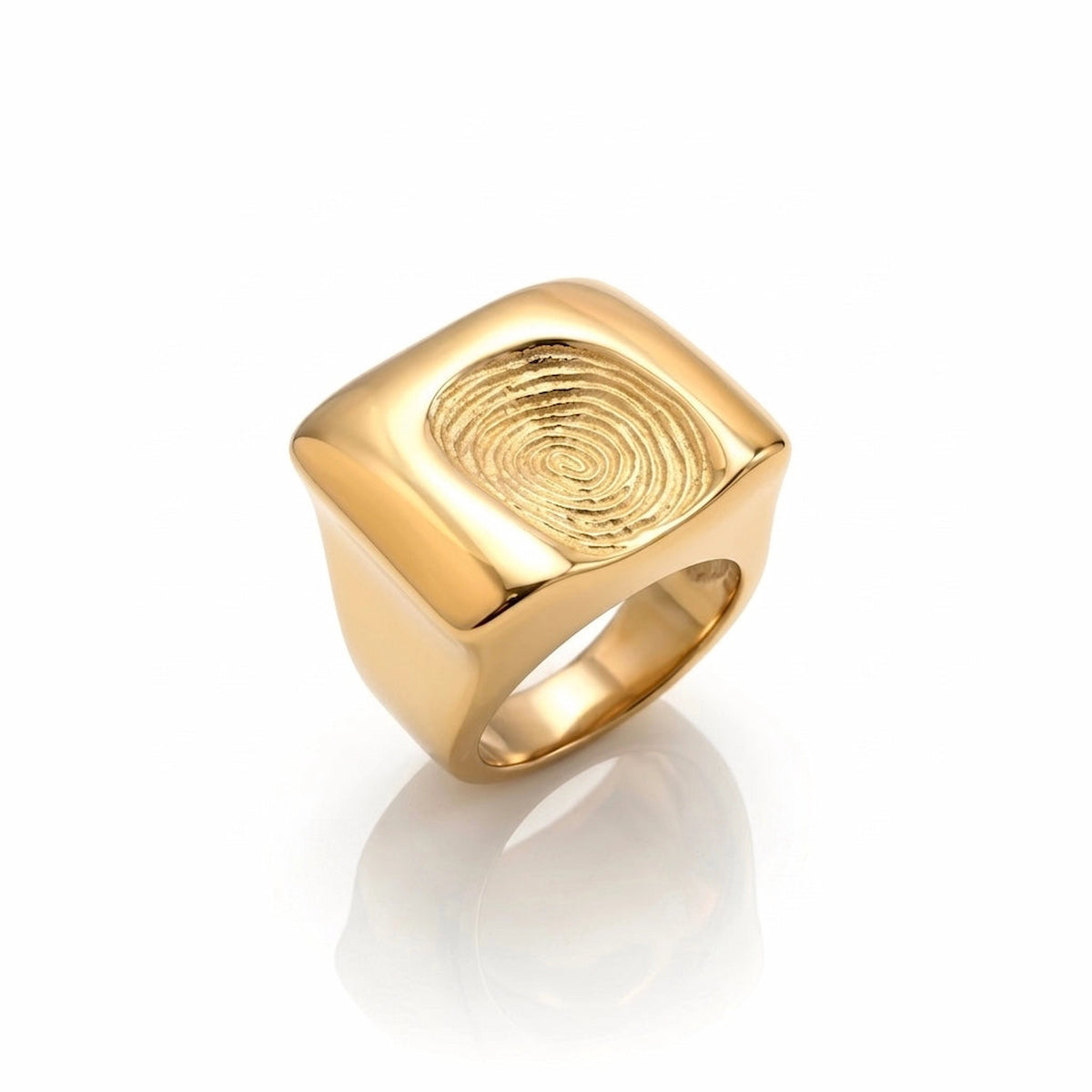 BEHI MILANO Fingerprint Ring — 18k gold square signet ring with engraved fingerprint on white background