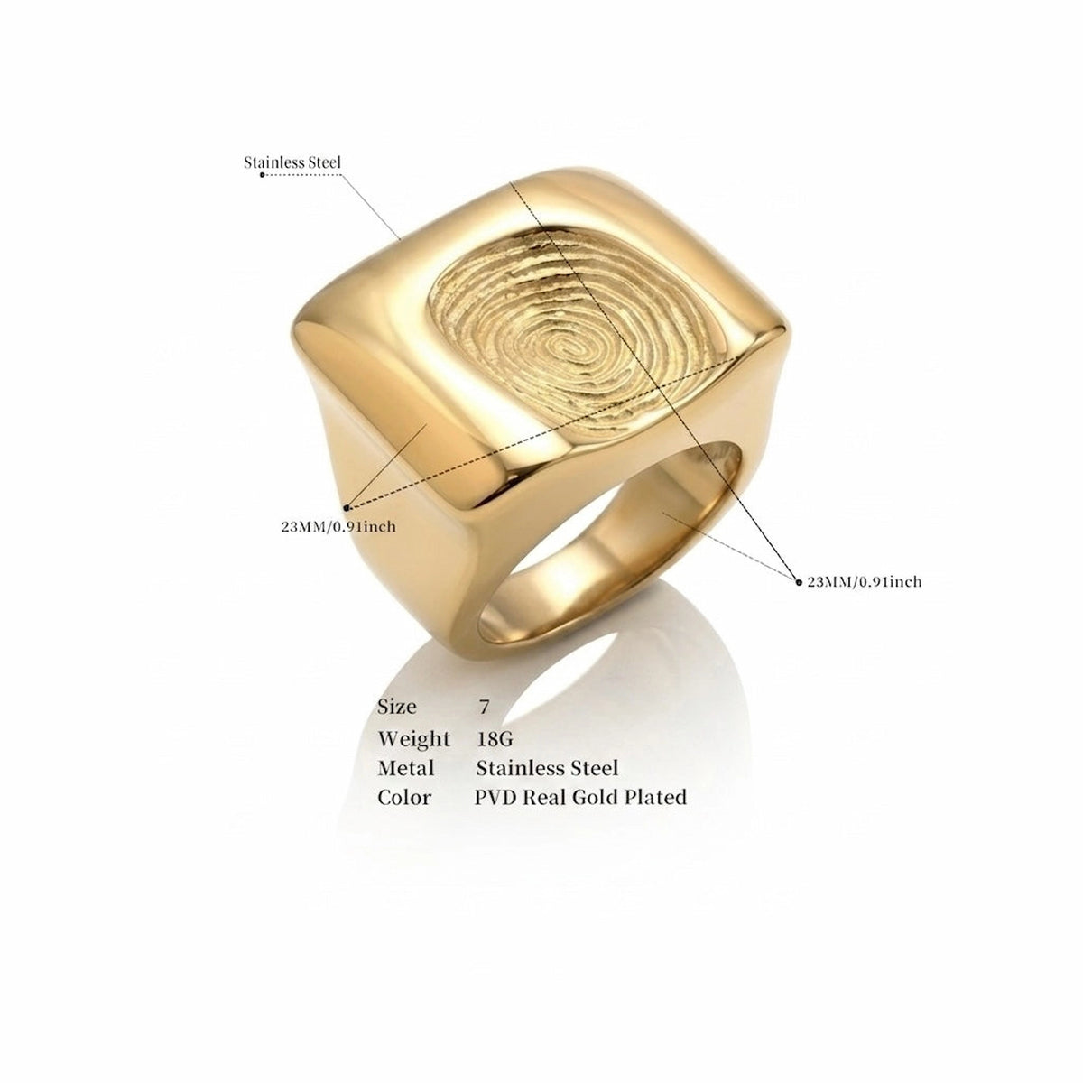 BEHI MILANO Fingerprint Ring technical diagram showing 23mm x 23mm face dimensions and 18g weight