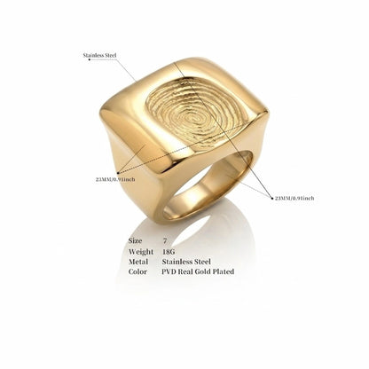 BEHI MILANO Fingerprint Ring technical diagram showing 23mm x 23mm face dimensions and 18g weight