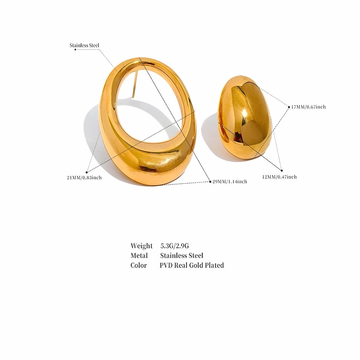 BEHI MILANO Fiona Earrings technical diagram showing 29x21mm loop and 17x12mm stud dimensions with 8.2g total weight