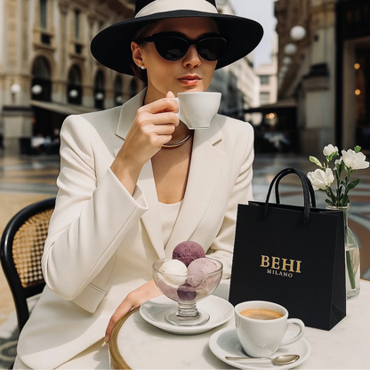 BEHI MILANO Flavia Choker — elegant model in white blazer drinking coffee in Milan with BEHI MILANO shopping bag
