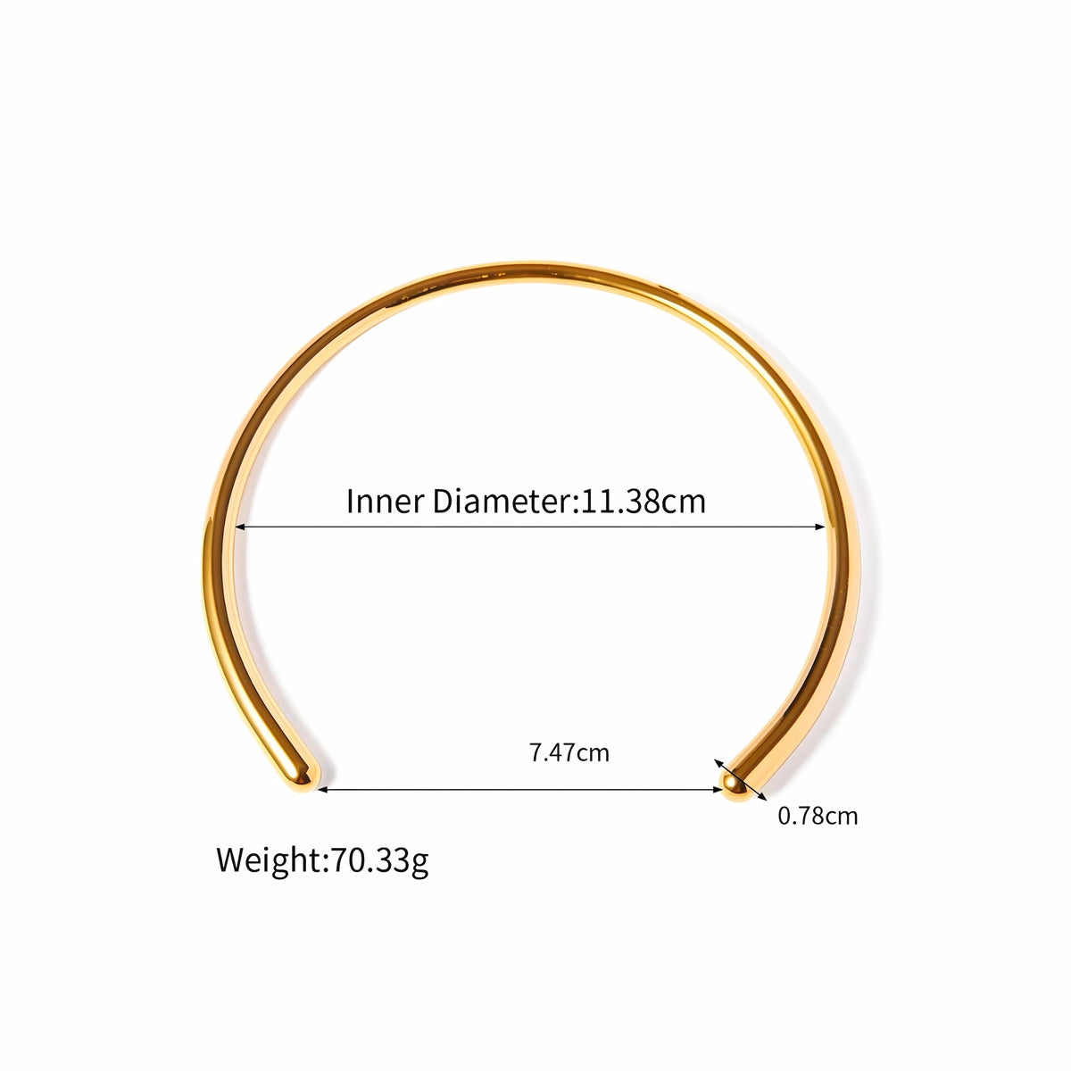 BEHI MILANO Flavia Choker technical diagram showing 11.38cm inner diameter, 7.47cm gap, and 70.33g weight