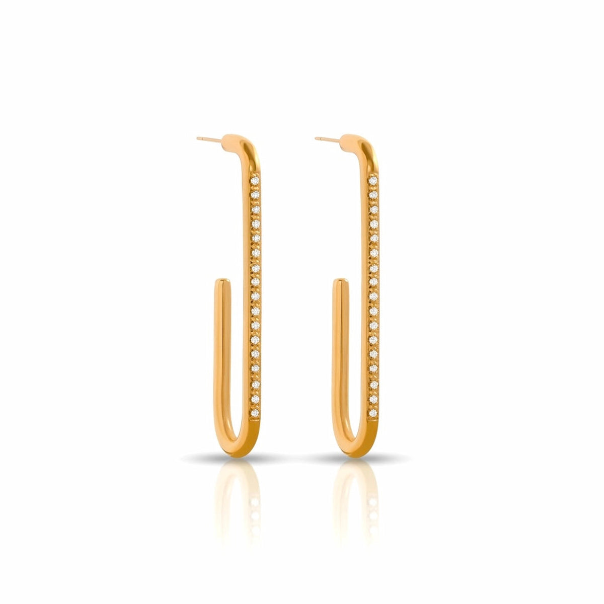 BEHI MILANO Floriana Earrings — 18k gold long rectangular drop hoop earrings with pearl inlay on white background