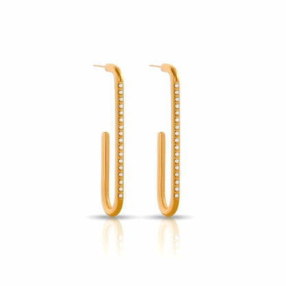 BEHI MILANO Floriana Earrings — 18k gold long rectangular drop hoop earrings with pearl inlay on white background