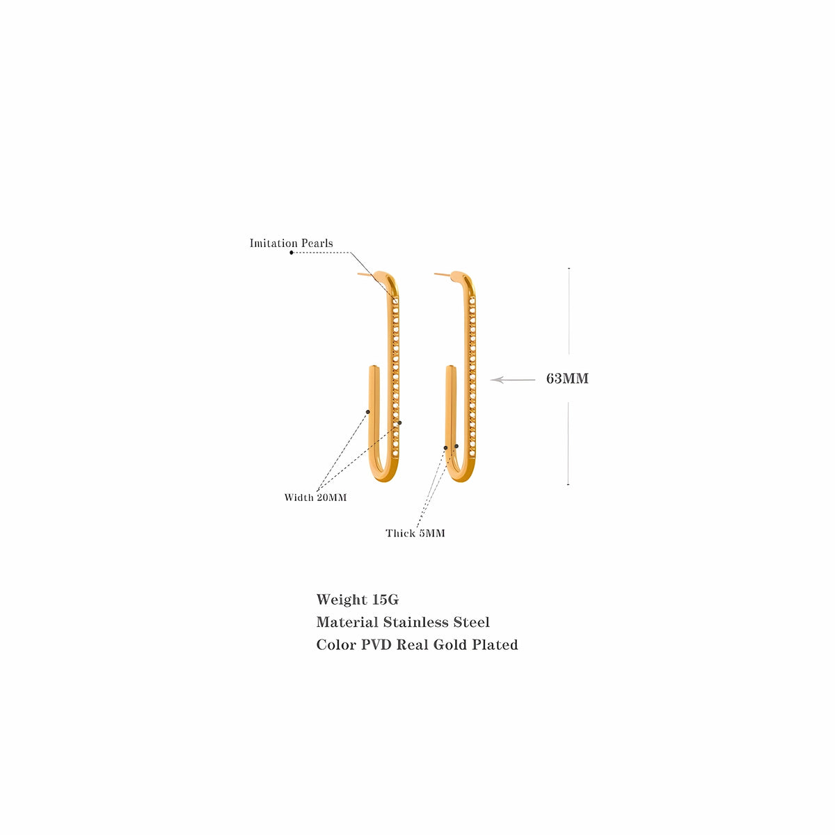 BEHI MILANO Floriana Earrings technical diagram showing 63mm height, 20mm width, 5mm thickness, and 15g weight