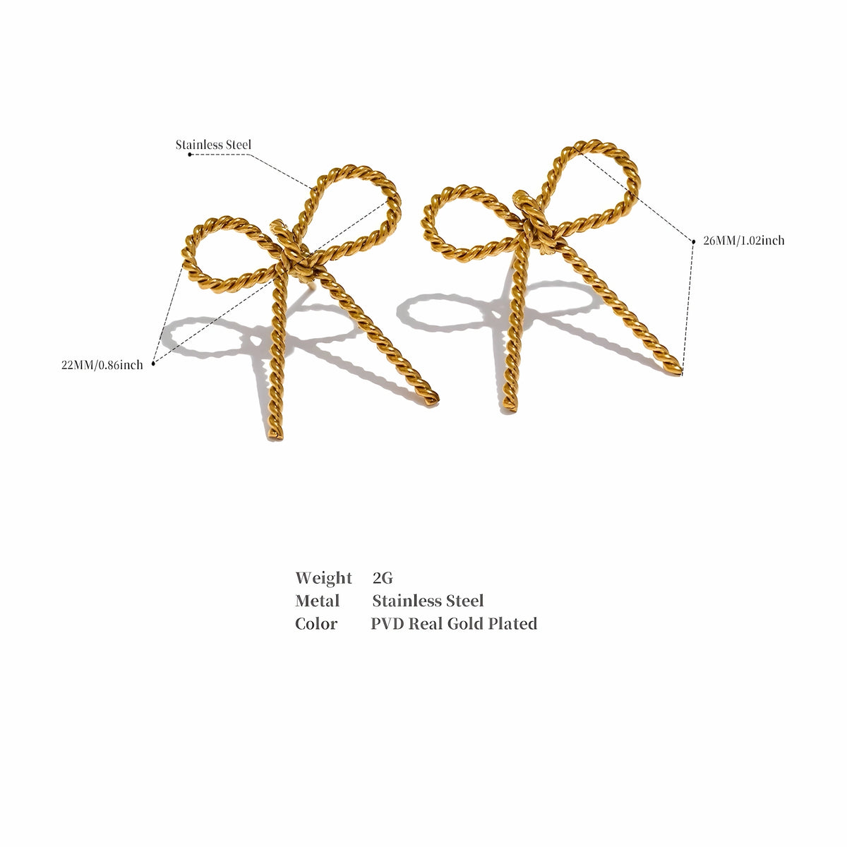 BEHI MILANO Francy Earrings technical diagram showing 26mm height, 22mm width, and 2g weight