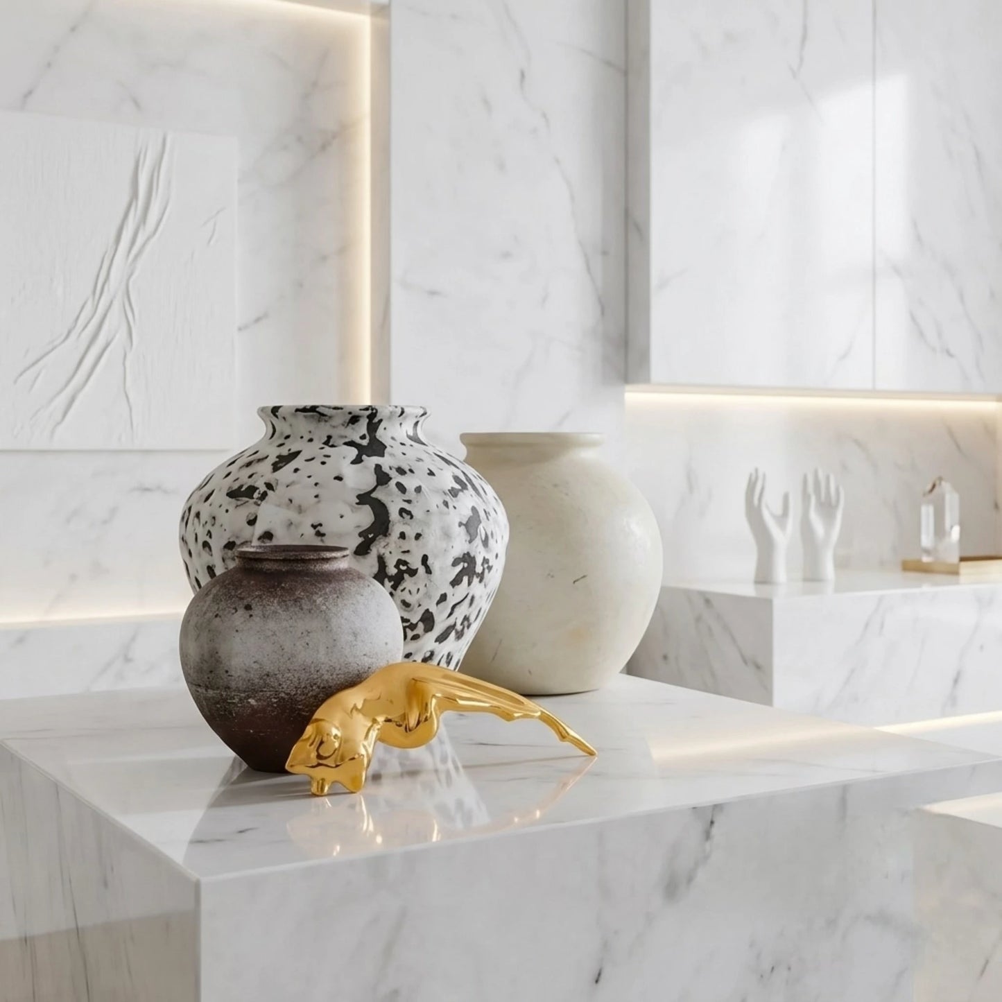 BEHI MILANO Galina Brooch — gold artistic figure brooch on white marble ledge with ceramic vases