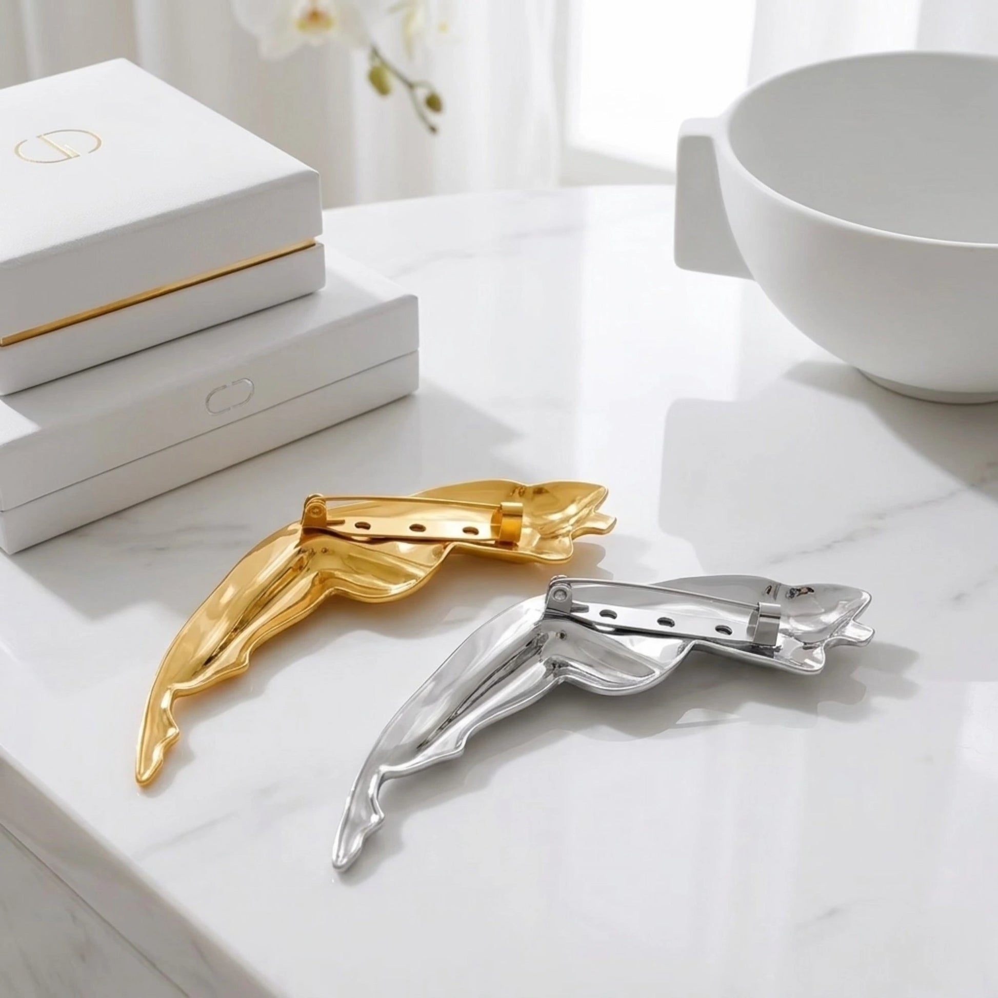 BEHI MILANO Galina Brooch — gold and silver figure lapel pins with luxury white gift box on marble