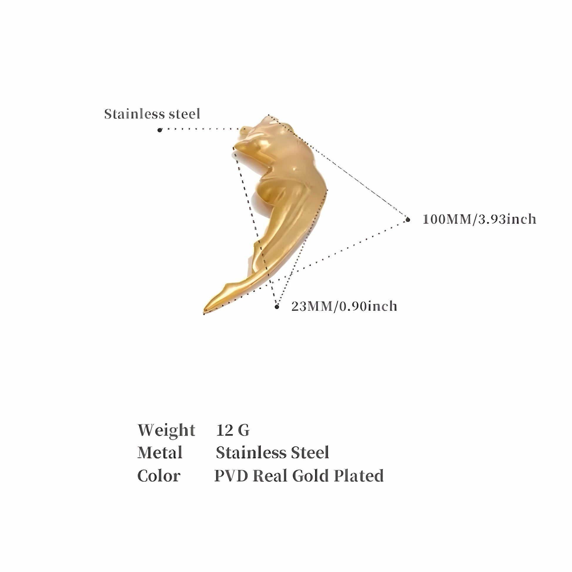 BEHI MILANO Galina Brooch technical diagram showing 100mm length, 23mm width, and 12g weight
