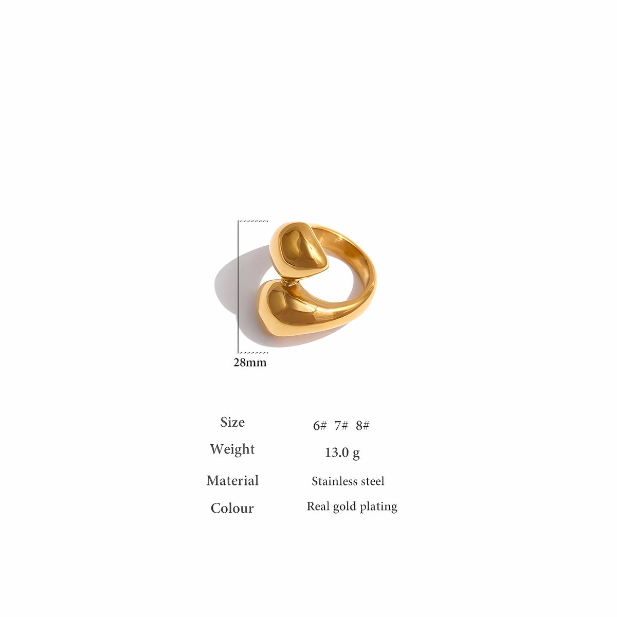 BEHI MILANO Garlita Ring technical diagram showing 28mm dimension, sizes 6 7 8, and 13g weight
