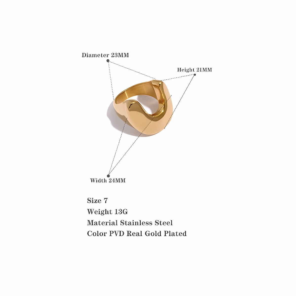 BEHI MILANO Giusy Ring technical diagram showing 23mm diameter, 21mm height, 24mm width, and 13g weight