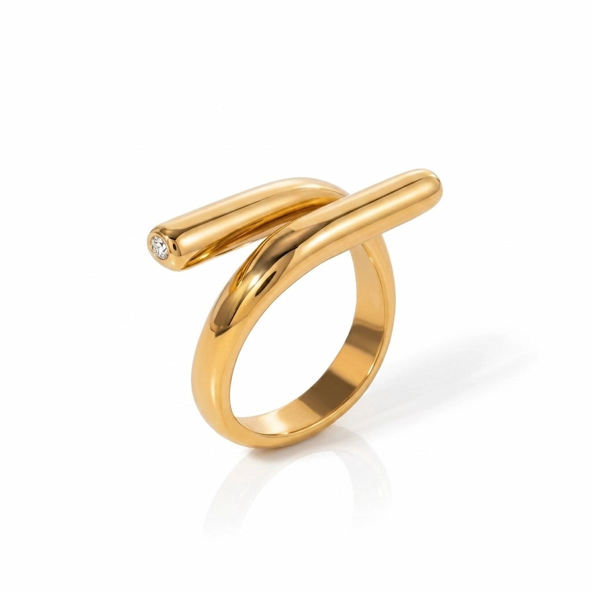 BEHI MILANO Greta Ring — 18k gold sculptural wrap statement ring with zircon on white background