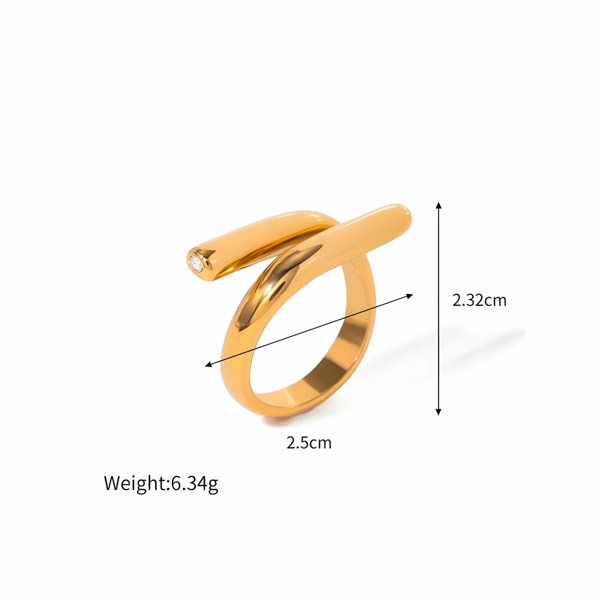BEHI MILANO Greta Ring technical diagram showing 2.32cm height, 2.5cm width, and 6.34g weight