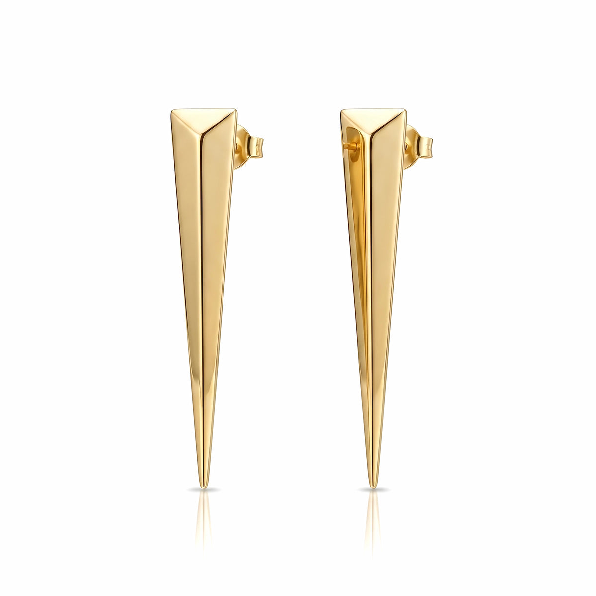 BEHI MILANO Hanika Earrings — 18k gold elongated geometric spike stud earrings on white background