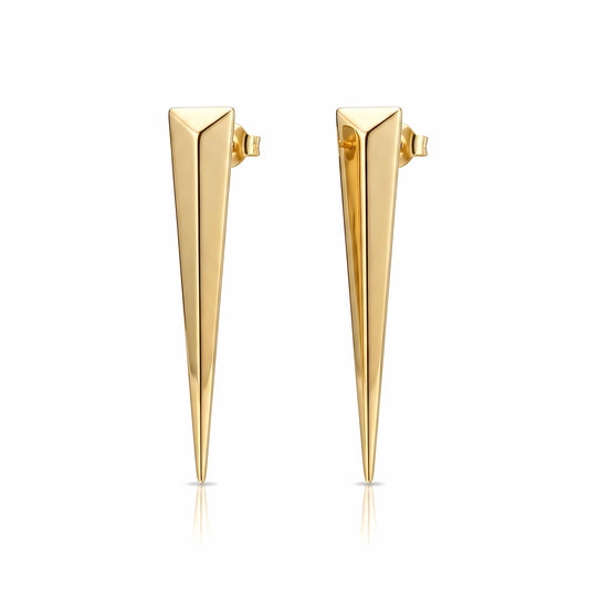 BEHI MILANO Hanika Earrings — 18k gold elongated geometric spike stud earrings on white background