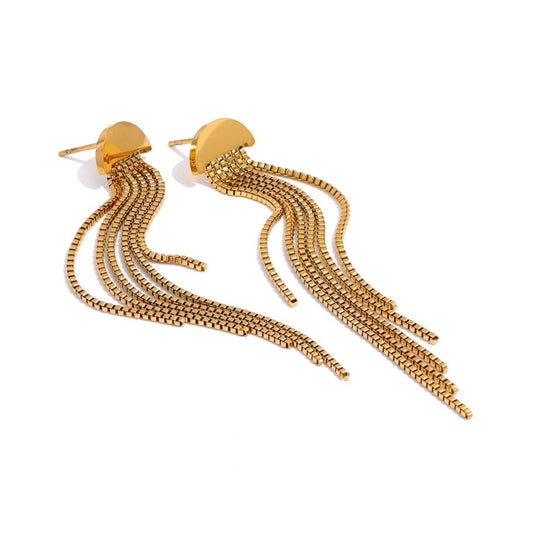 BEHI MILANO Heyley Earrings — 18k gold half-moon chain tassel drop stud earrings on white background