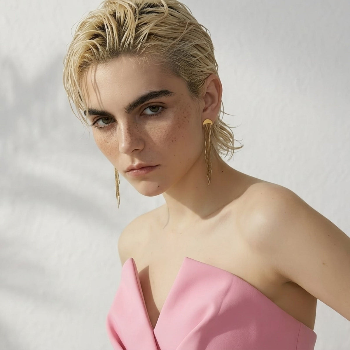 BEHI MILANO Heyley Earrings — platinum blonde model in strapless top wearing long gold fringe earrings