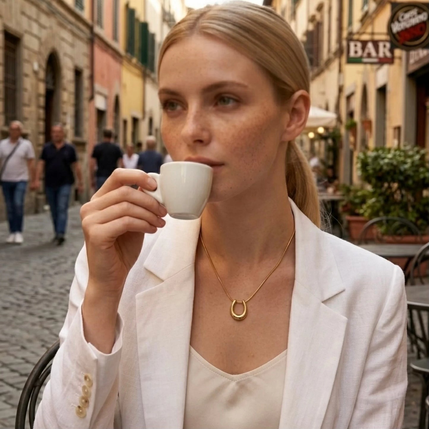 BEHI MILANO Horseshoe Necklace — model drinking espresso outdoors wearing gold horseshoe necklace