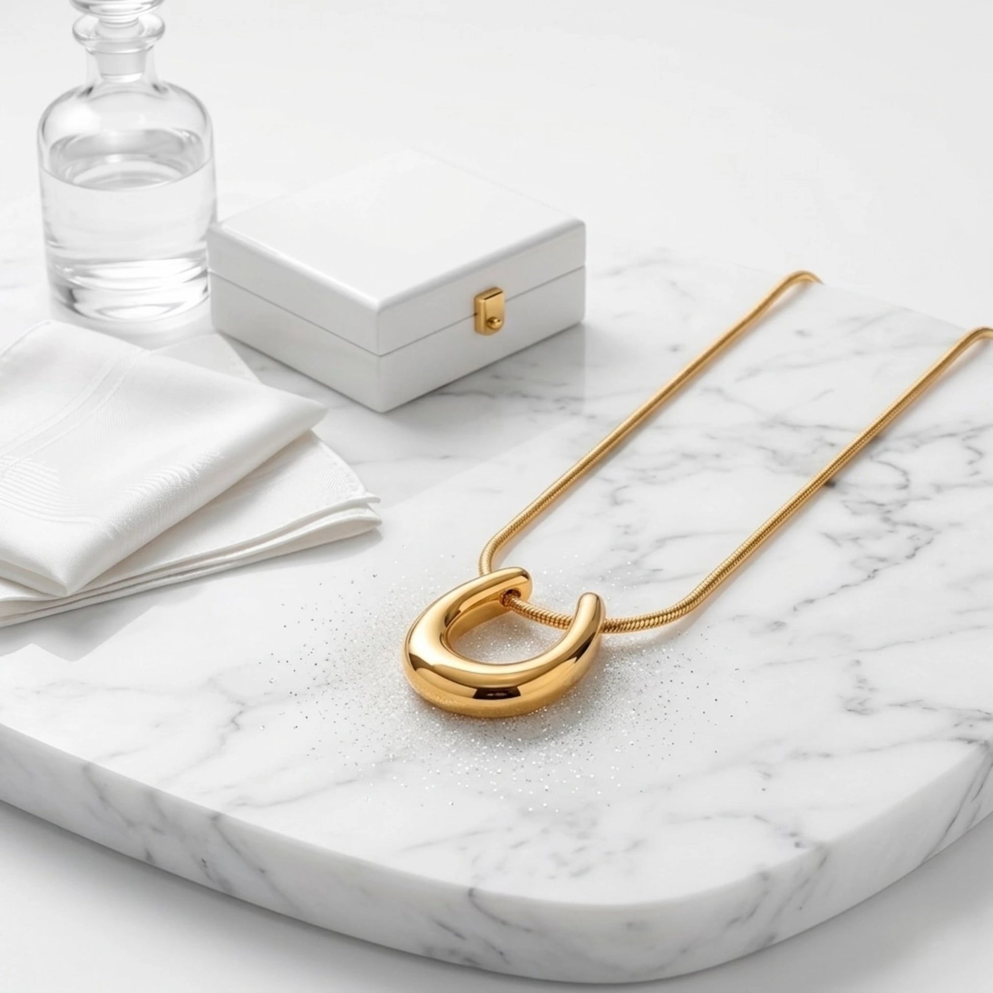 BEHI MILANO Horseshoe Necklace — gold horseshoe necklace displayed on white marble box