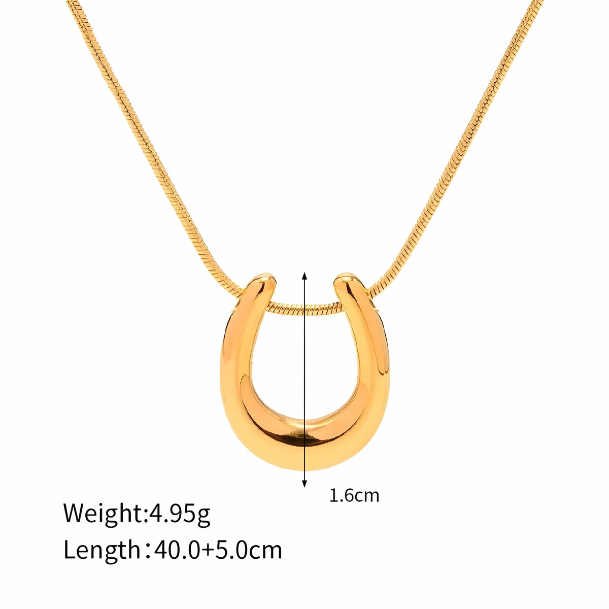 BEHI MILANO Horseshoe Necklace technical diagram showing 1.6cm pendant height, 40+5cm chain length, and 4.95g weight