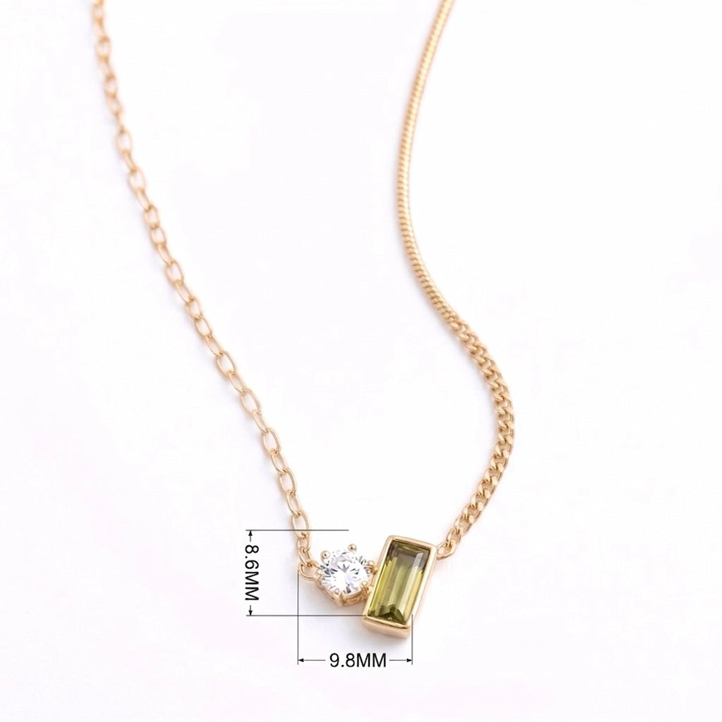BEHI MILANO Ilona Necklace — detailed view of clear and green zircon gemstone settings