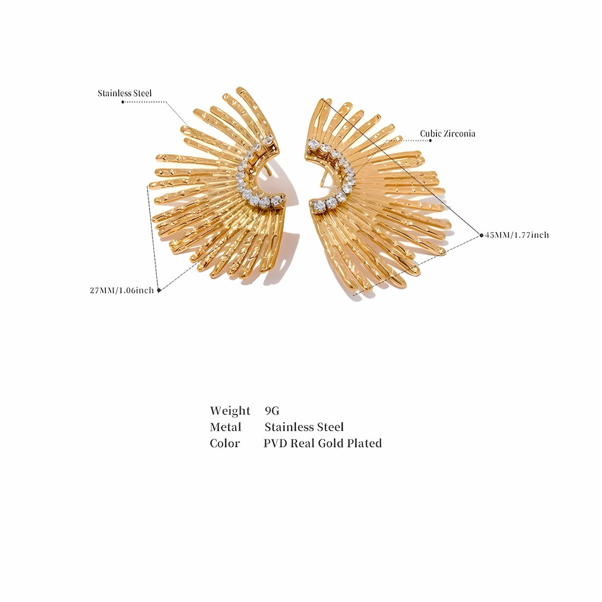 BEHI MILANO Indigamond Earrings technical diagram showing 45mm height, 27mm width, and 9g weight