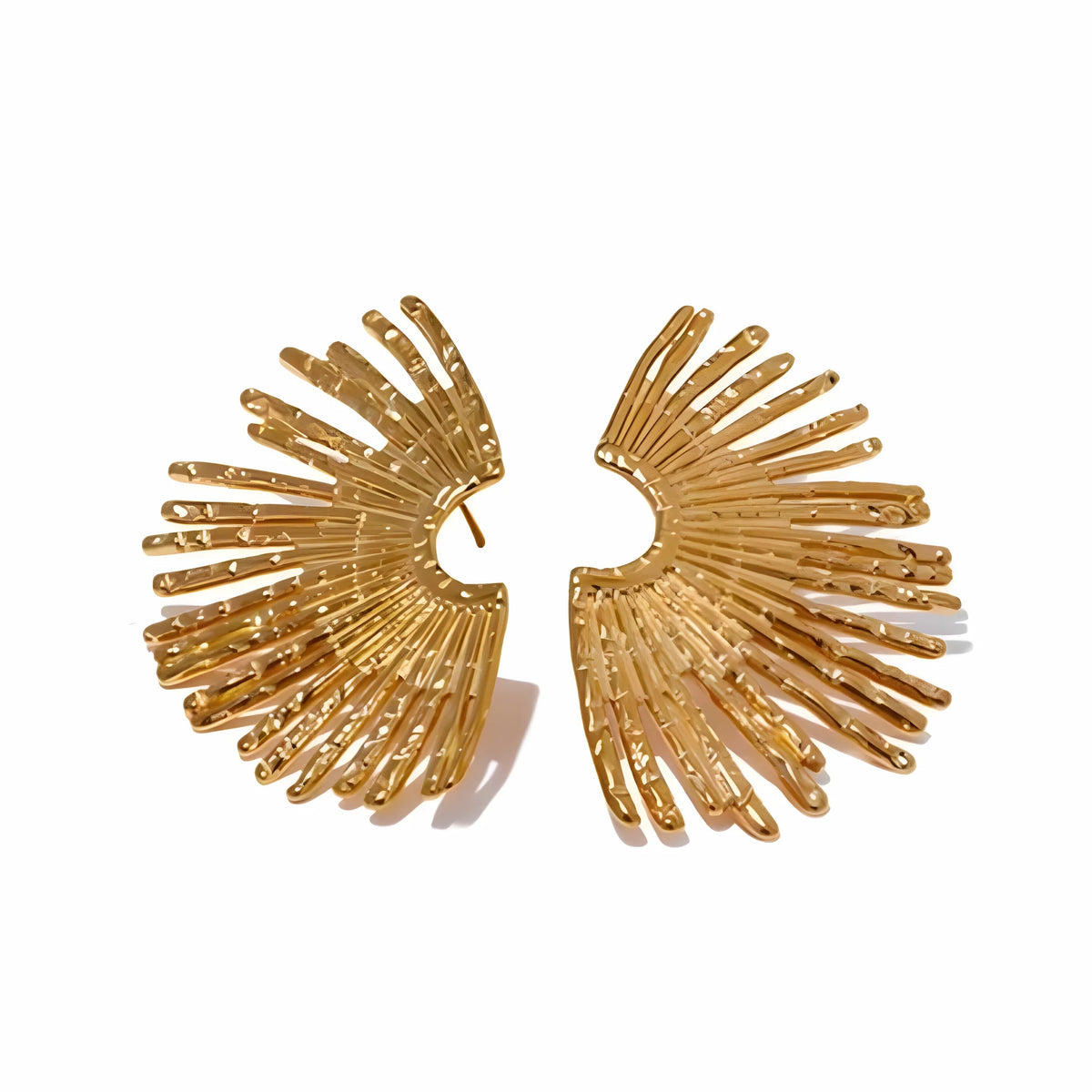 BEHI MILANO Indigo Earrings — 18k gold textured sunburst fan stud earrings on white background