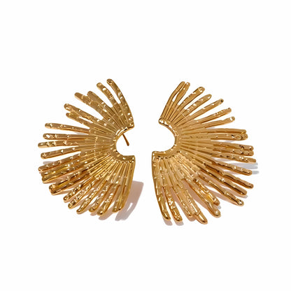 BEHI MILANO Indigo Earrings — 18k gold textured sunburst fan stud earrings on white background
