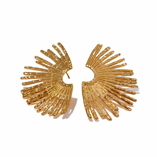 BEHI MILANO Indigo Earrings — 18k gold textured sunburst fan stud earrings on white background