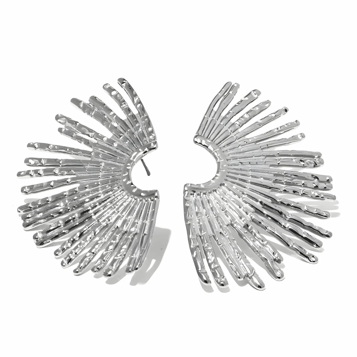 BEHI MILANO Indigo Earrings — silver textured sunburst fan stud earrings on white background