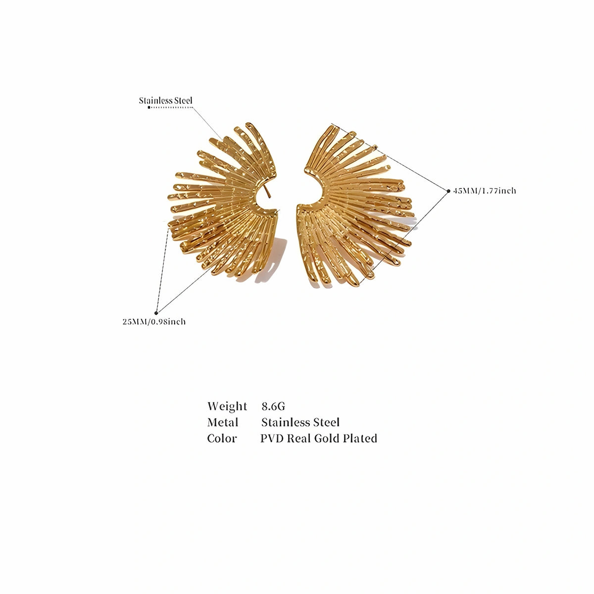 BEHI MILANO Indigo Earrings technical diagram showing 45mm height, 25mm width, and 8.6g weight