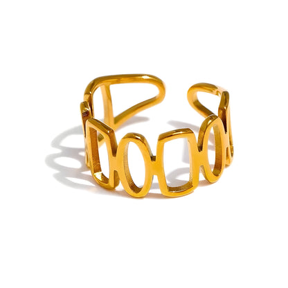 BEHI MILANO Indora Ring — 18k gold adjustable geometric openwork chain link ring on white background