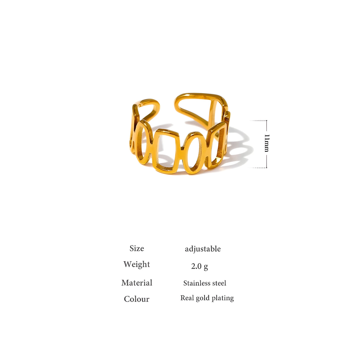 BEHI MILANO Indora Ring technical diagram showing 11mm band height, adjustable sizing, and 2.0g weight