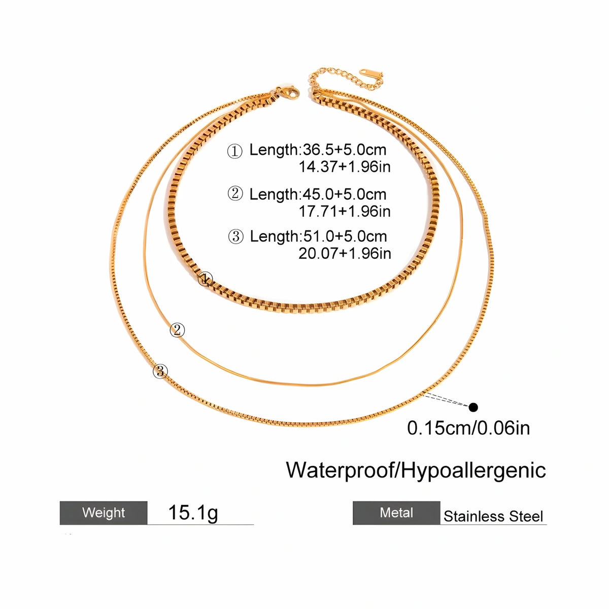 BEHI MILANO Ira Necklace technical diagram showing 36.5cm, 45cm, and 51cm chain lengths and 15.1g weight