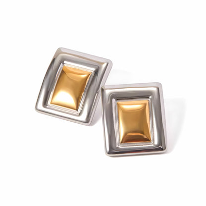 BEHI MILANO Isabella Earrings — two tone silver and 18k gold geometric square statement studs on white background