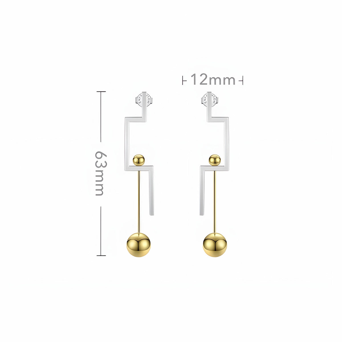 BEHI MILANO Isidora Earrings technical diagram showing 63mm height, 12mm width, and 8g weight