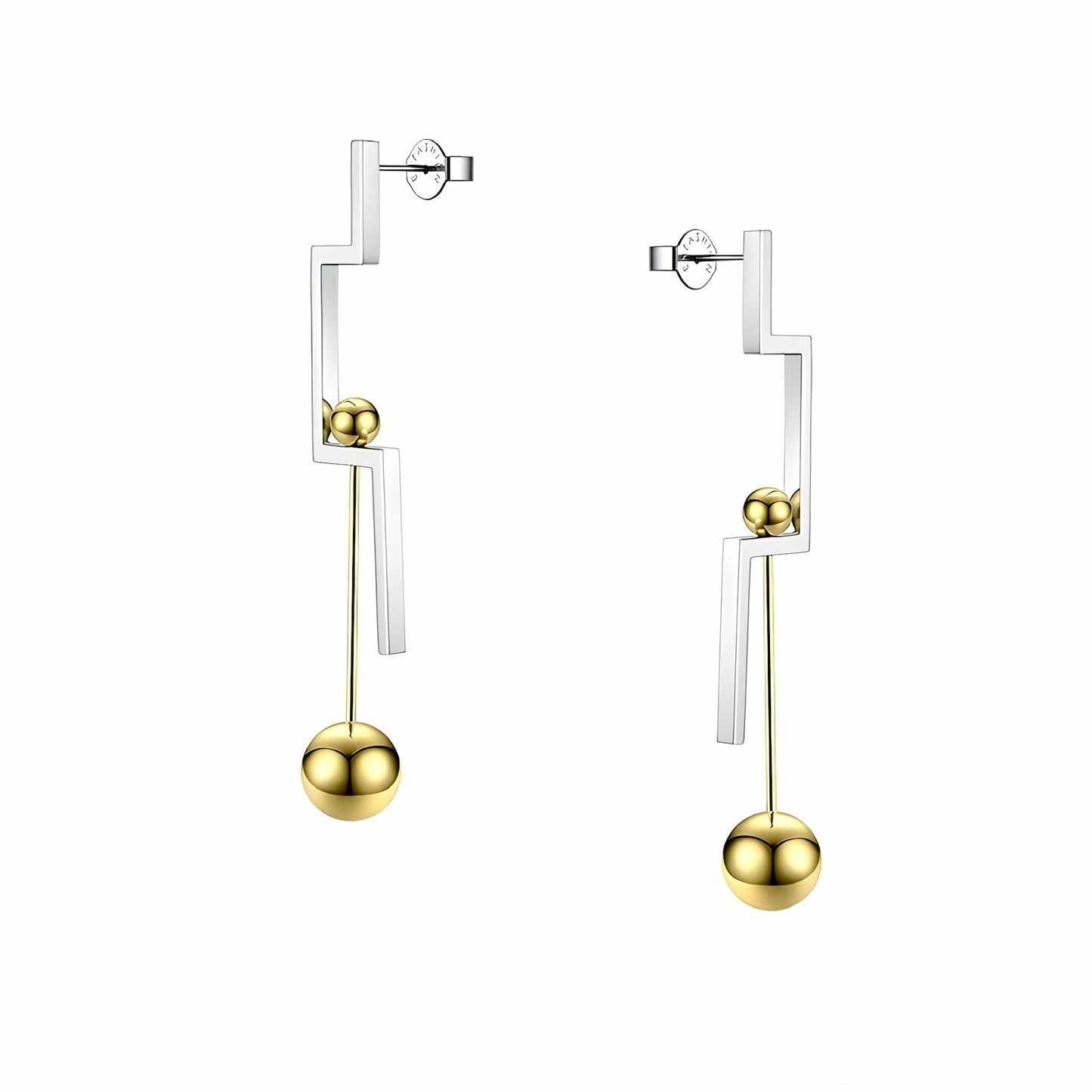 BEHI MILANO Isidora Earrings — two tone silver and 18k gold geometric drop earrings on white background