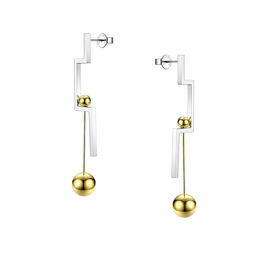 BEHI MILANO Isidora Earrings — two tone silver and 18k gold geometric drop earrings on white background