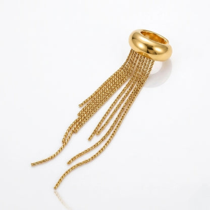 EHI MILANO Iskra Ear Cuff — 18k gold fringe ear cuff displayed on white podium against pastel blue background