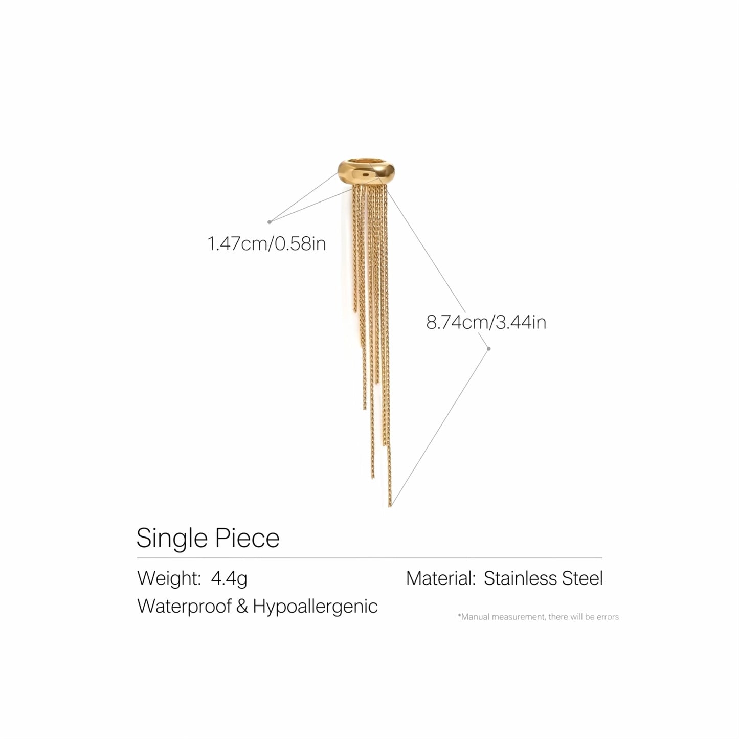 BEHI MILANO Iskra Ear Cuff technical diagram showing 1.47cm width, 8.74cm fringe length, and 4.4g weight