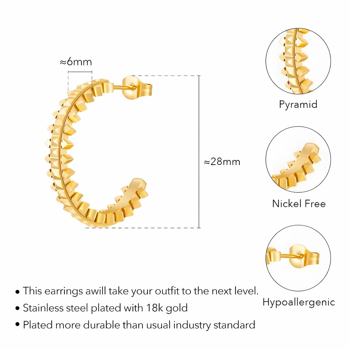 BEHI MILANO Isla Earrings technical diagram showing 28mm diameter, 6mm width, pyramid texture, nickel free, and hypoallergenic features