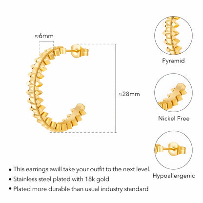 BEHI MILANO Isla Earrings technical diagram showing 28mm diameter, 6mm width, pyramid texture, nickel free, and hypoallergenic features