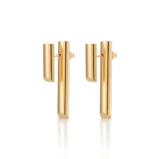 BEHI MILANO Ivana Earrings — 18k gold architectural dual bar drop earrings on white background