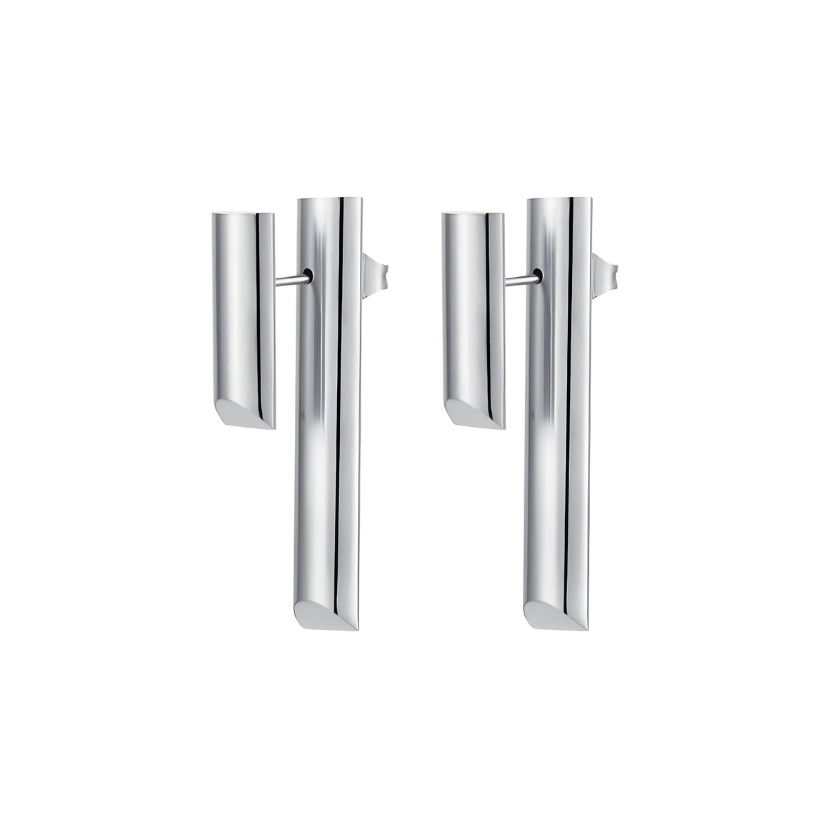 BEHI MILANO Ivana Earrings — silver architectural dual column drop earrings on white background